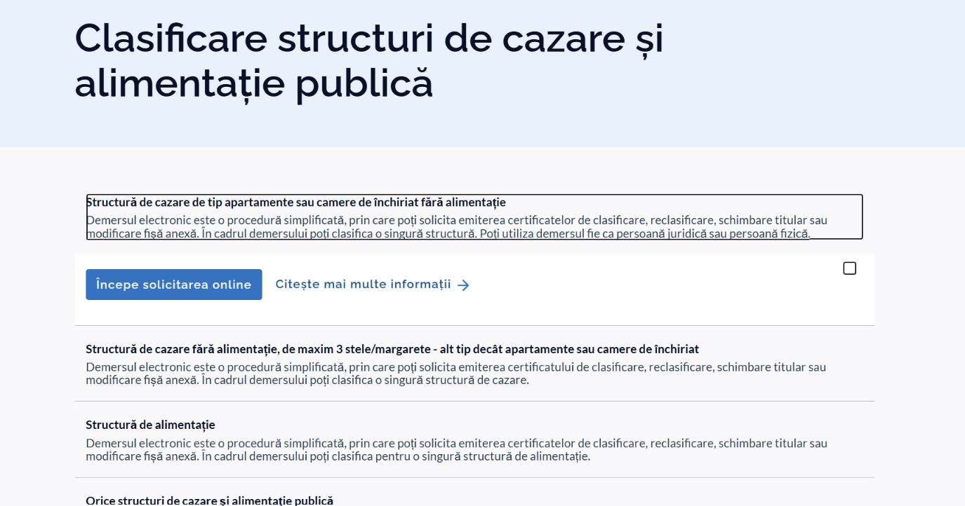 Meniul serviciului: primul demers din listă este cel pentru apartamente sau camere de închiriat.
