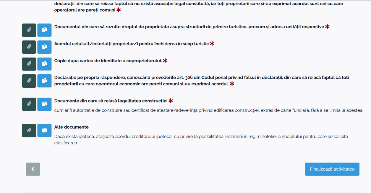 Pasul 7, a doua parte: acordul și CI-ul coproprietarului, declarația privind vecinii, legalitatea construcției, „Alte documente” (ipoteca), apoi „Finalizează activitatea”.